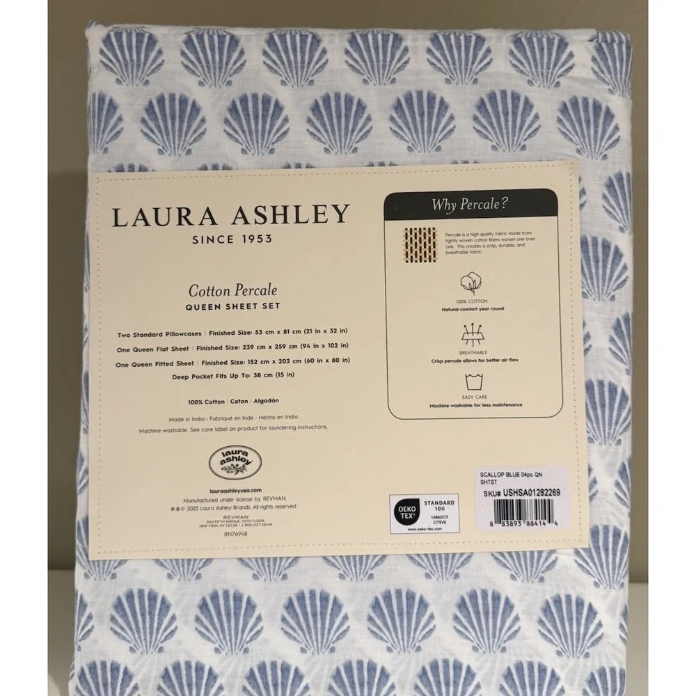 4pc Laura Ashley Blue Seashell QUEEN Sheet Set SCALLOP Shells Beach Coastal NEW